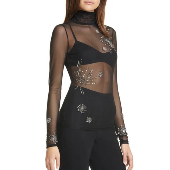 Cinq a Sept Shooting Star Mesh Turtleneck Top Black Embellished Sparkly NYE SZ M - Picture 1 of 9